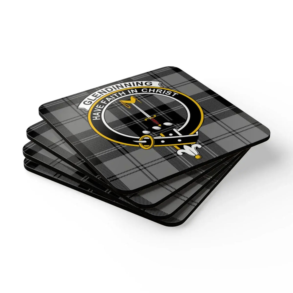 Clan Glendinning coaster set — all four coasters shown with crest and tartan background