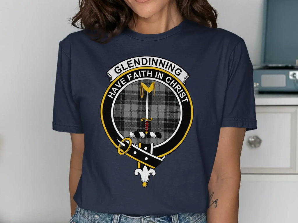 Glendinning clan crest t-shirt in black — printed crest and tartan on soft cotton tee