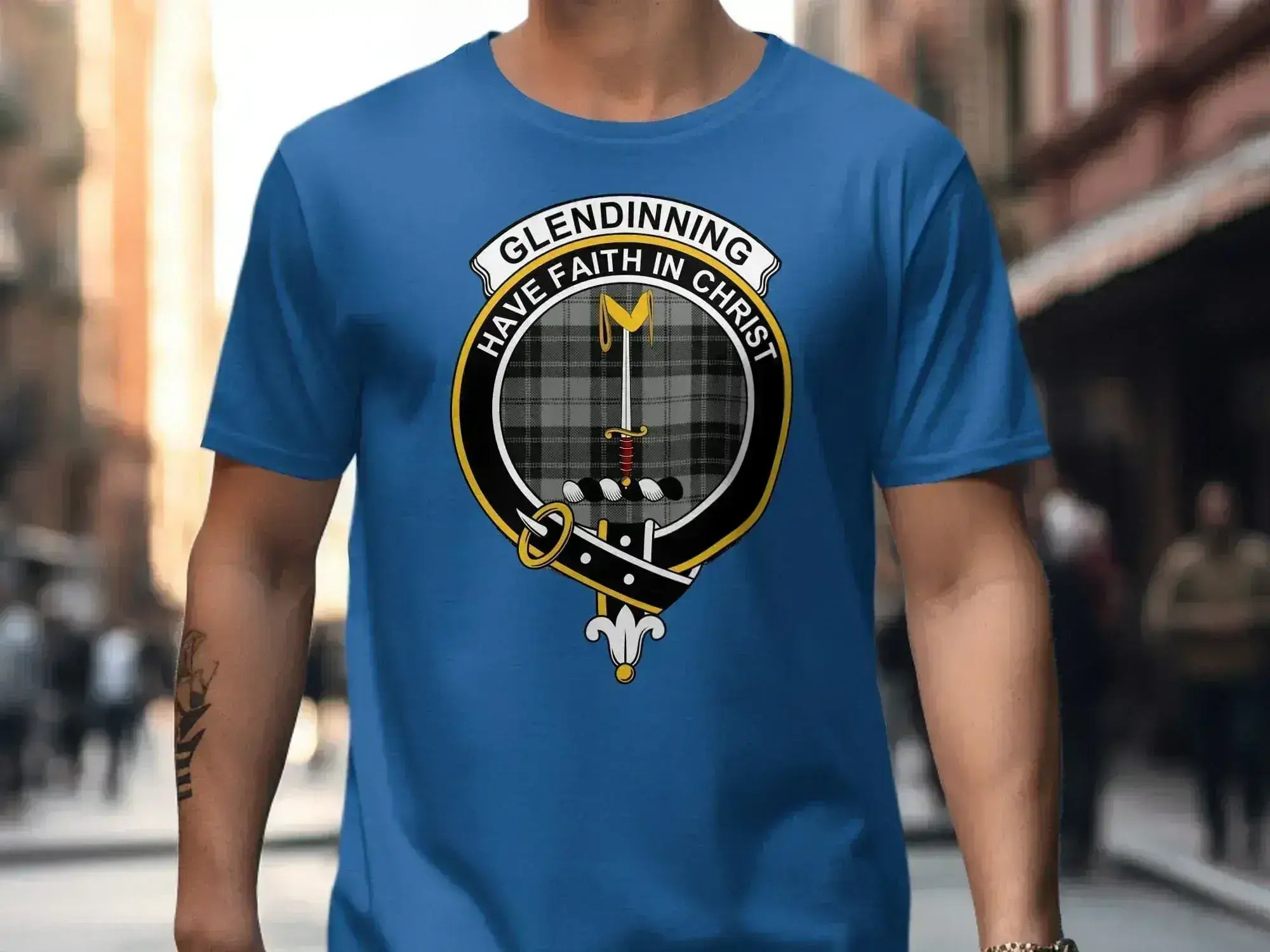 Glendinning heritage t-shirt in navy — side view showing classic fit and sleeve length