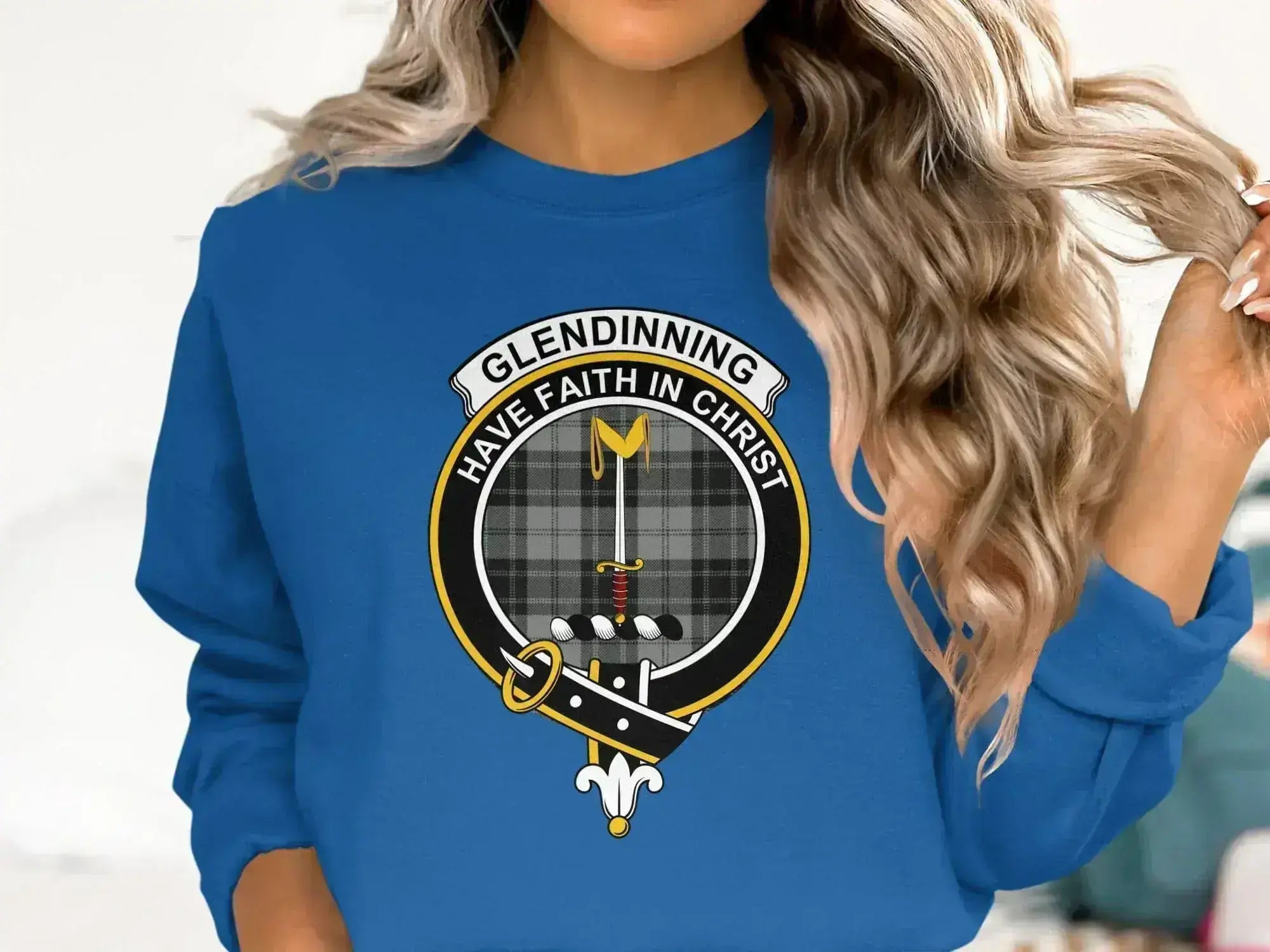 Glendinning crewneck sweatshirt in forest green — printed clan crest and tartan on chest