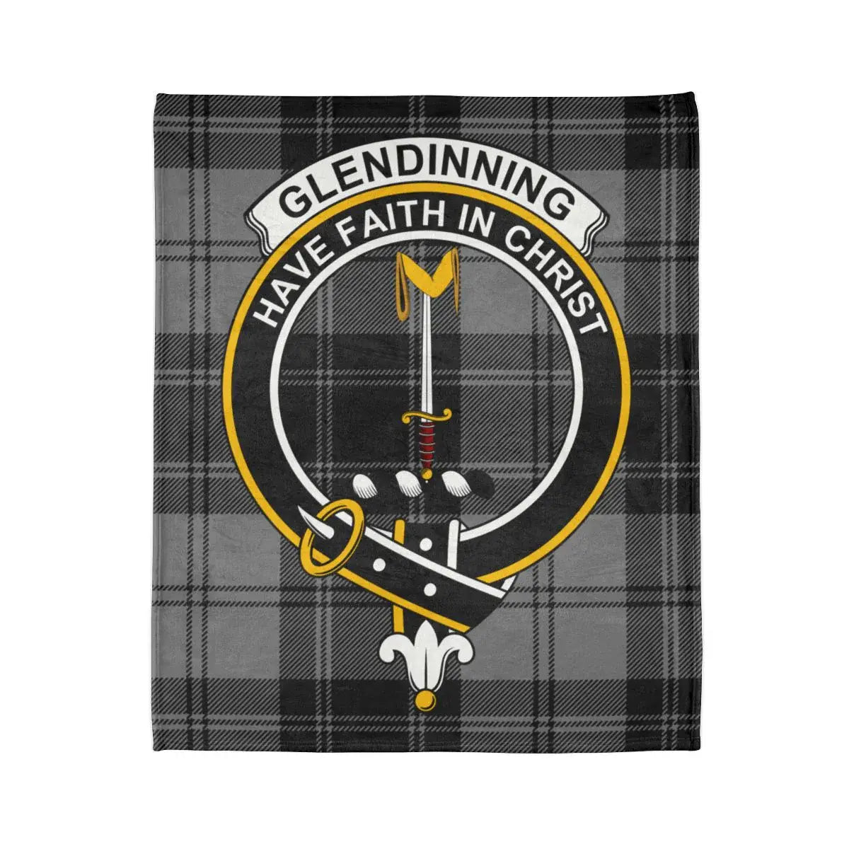 Glendinning crest and Have Faith in Christ motto on printed throw blanket — full flat lay view