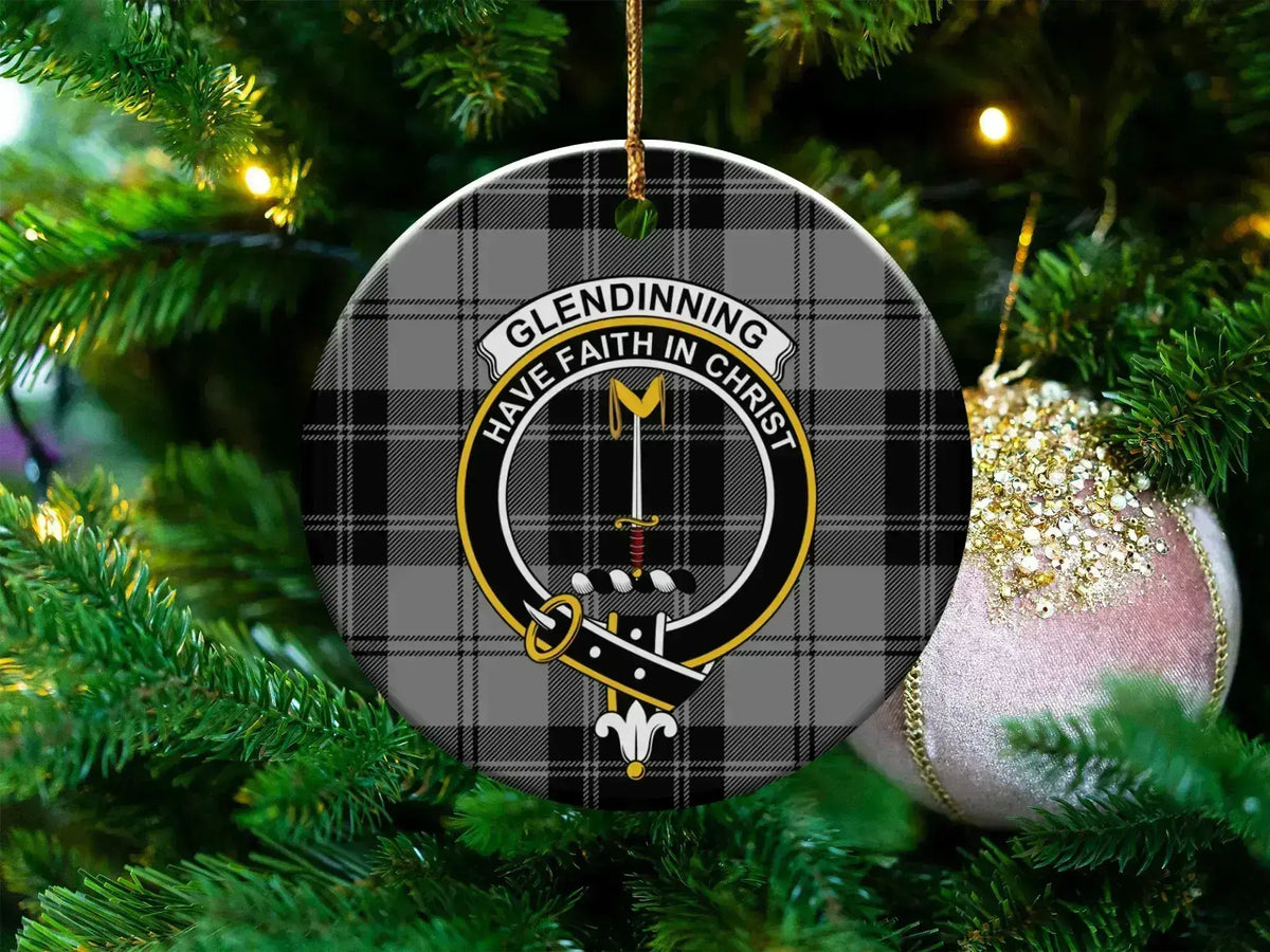 Clan Glendinning tartan crest ceramic ornament — 3 inch round double-sided Scottish Christmas keepsake