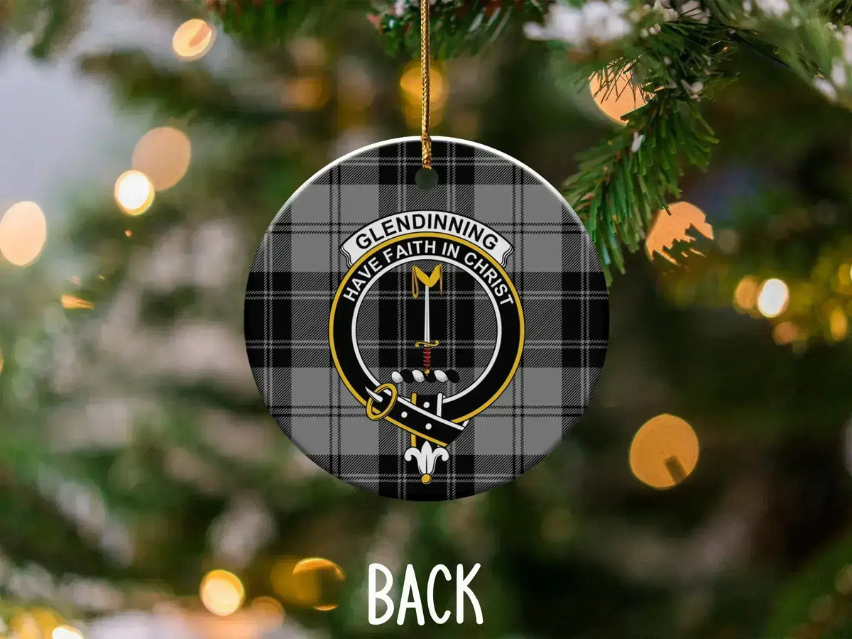 Glendinning clan crest ornament — front view showing tartan and Have Faith in Christ motto with gold string