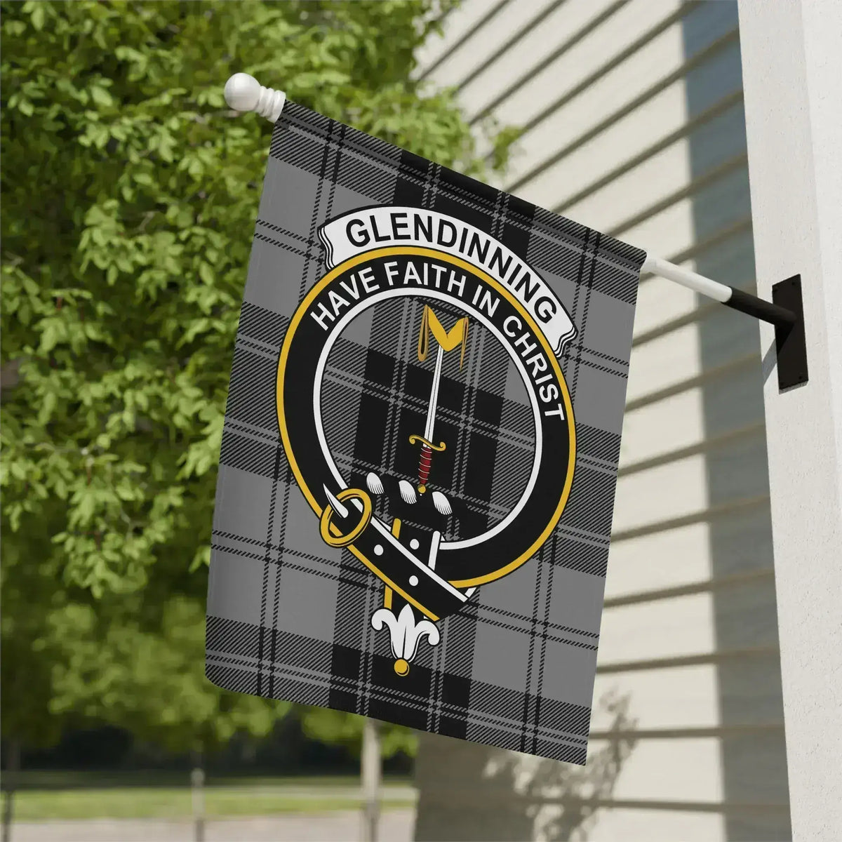 Clan Glendinning crest tartan garden flag — 12x18 inch poly-canvas showing clan crest and Have Faith in Christ motto