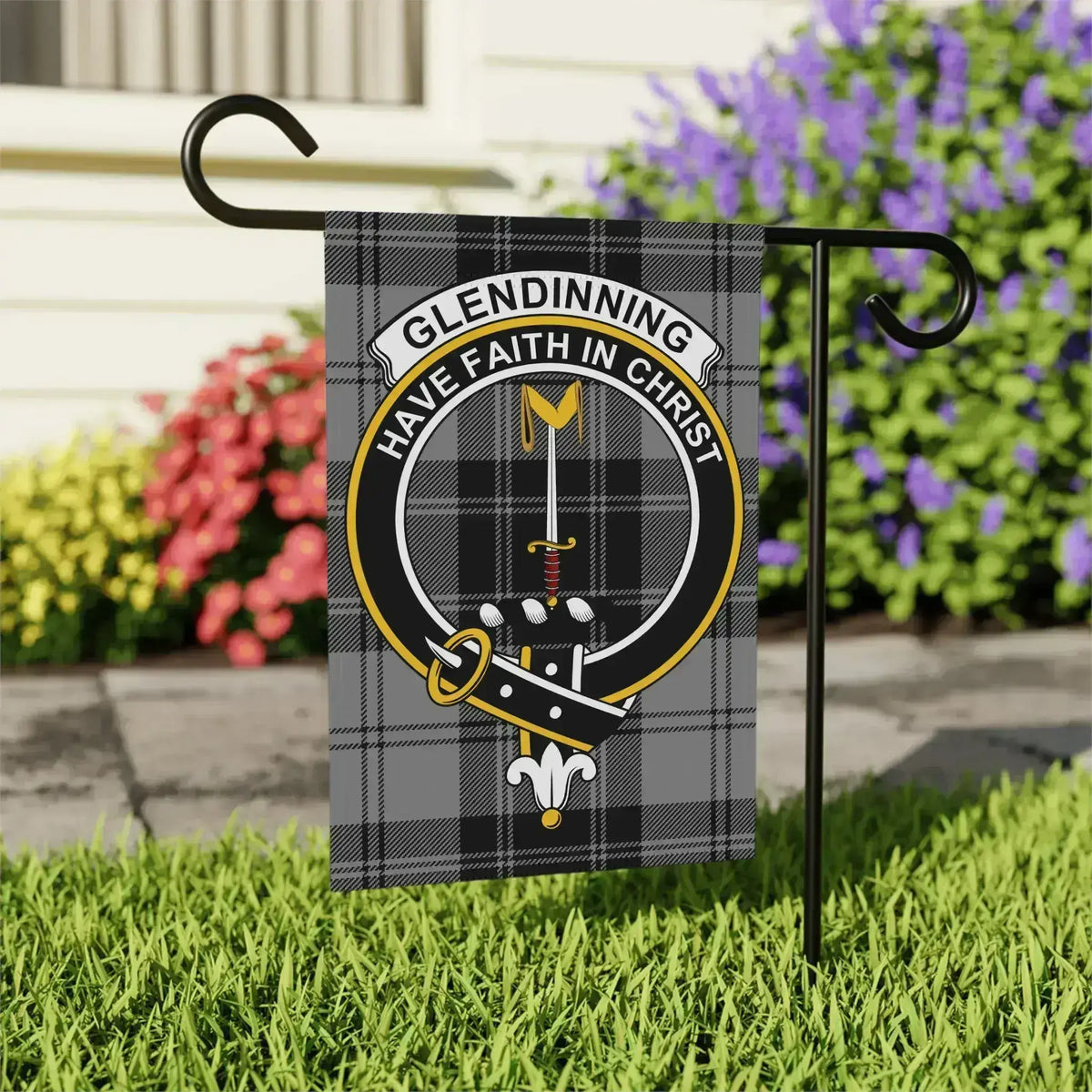 Glendinning clan crest garden flag — 24.5x32 inch size displaying full tartan crest design on garden pole