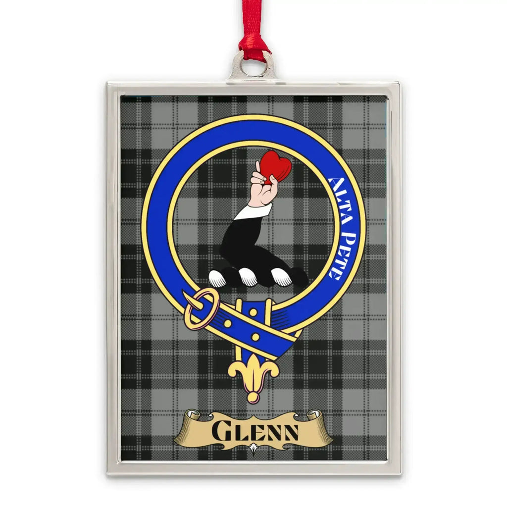 Glenn tartan-background crest ornament shown as a Scottish heritage keepsake gift