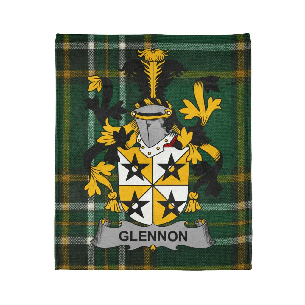 Glennon Family Crest on Green Plaid Background Blanket