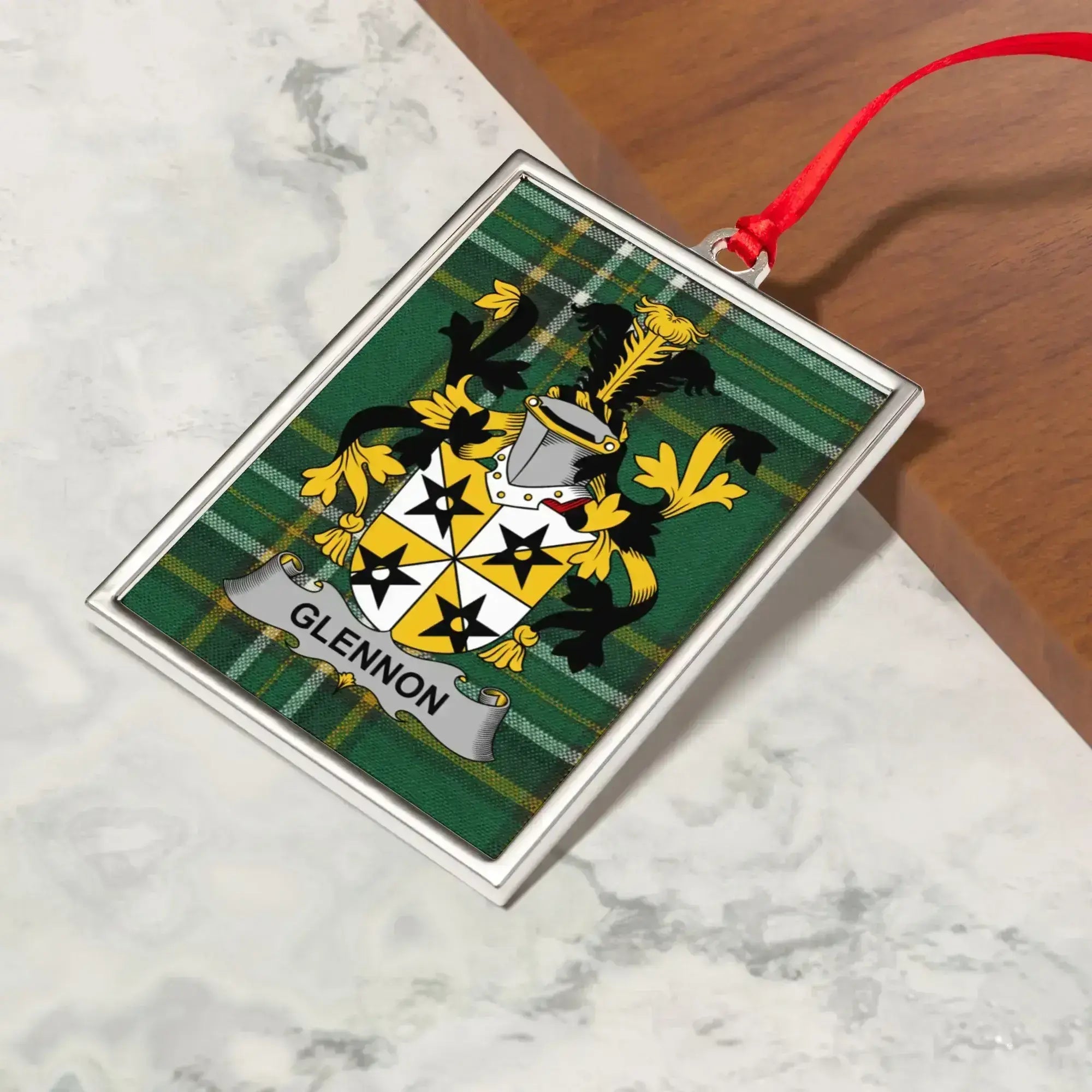 Glennon Family Crest On Green Plaid Ornament product type