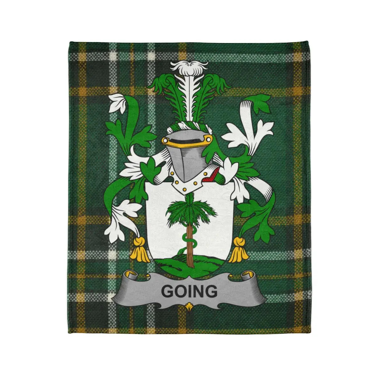 Going Family Crest Design on Green Tartan Blanket