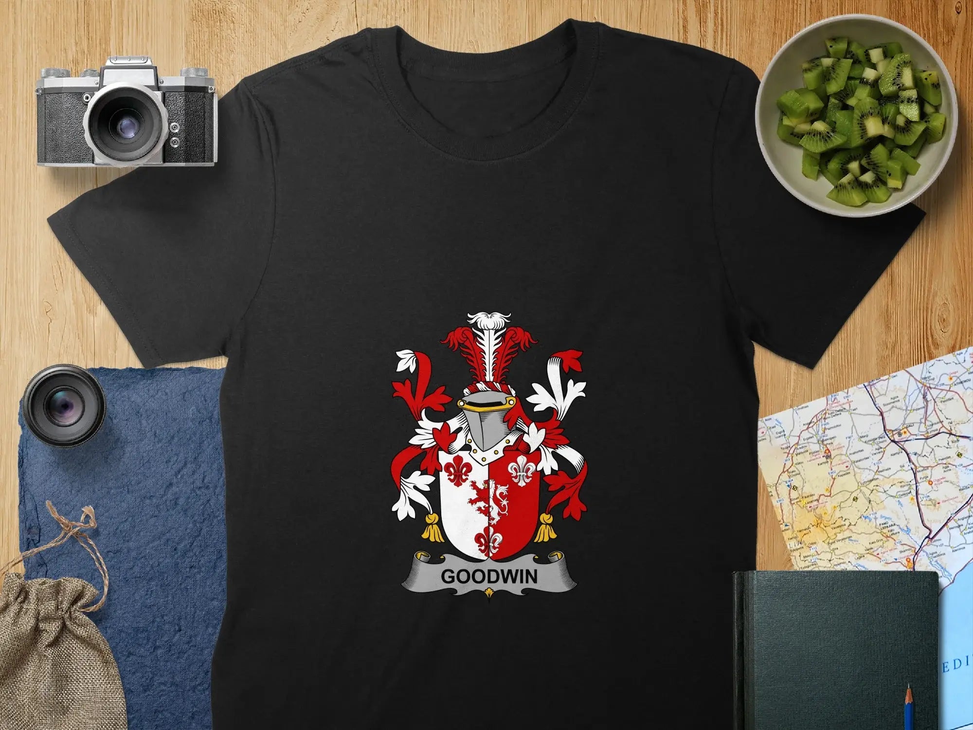 Goodwin Family Crest Printed on Black T-Shirt