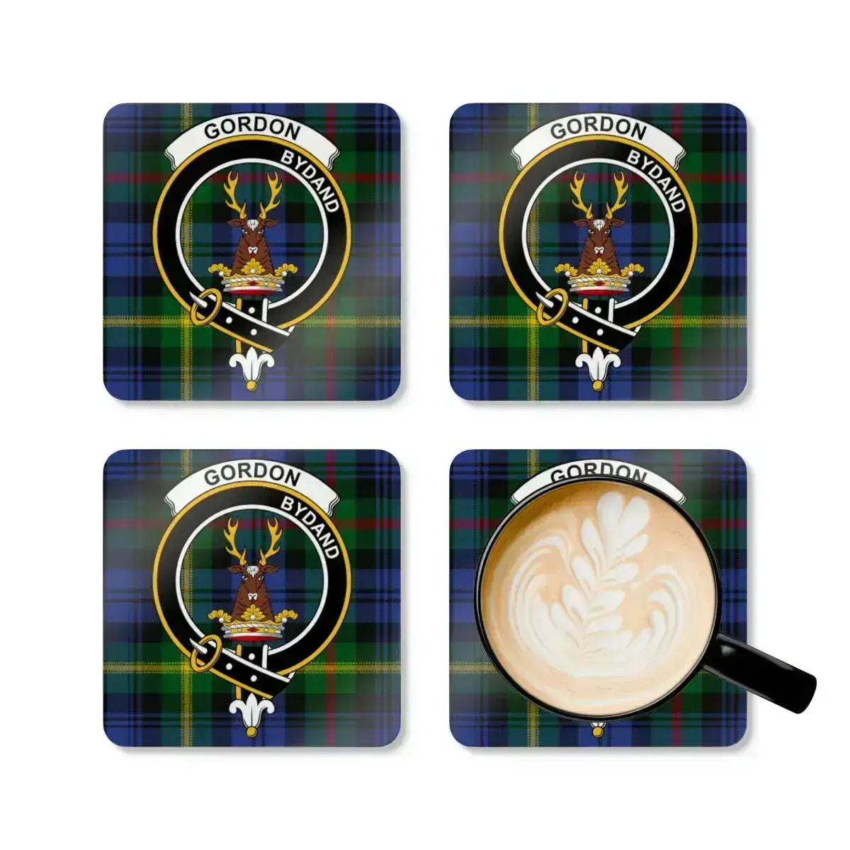 Gordon clan crest coasters showing full-colour tartan print with glossy finish — set of four