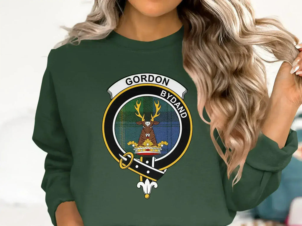 Clan Gordon crewneck sweatshirt in forest green with tartan crest design printed on chest