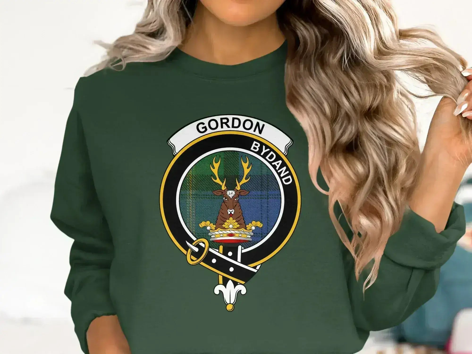 Clan Gordon crewneck sweatshirt in forest green with tartan crest design printed on chest