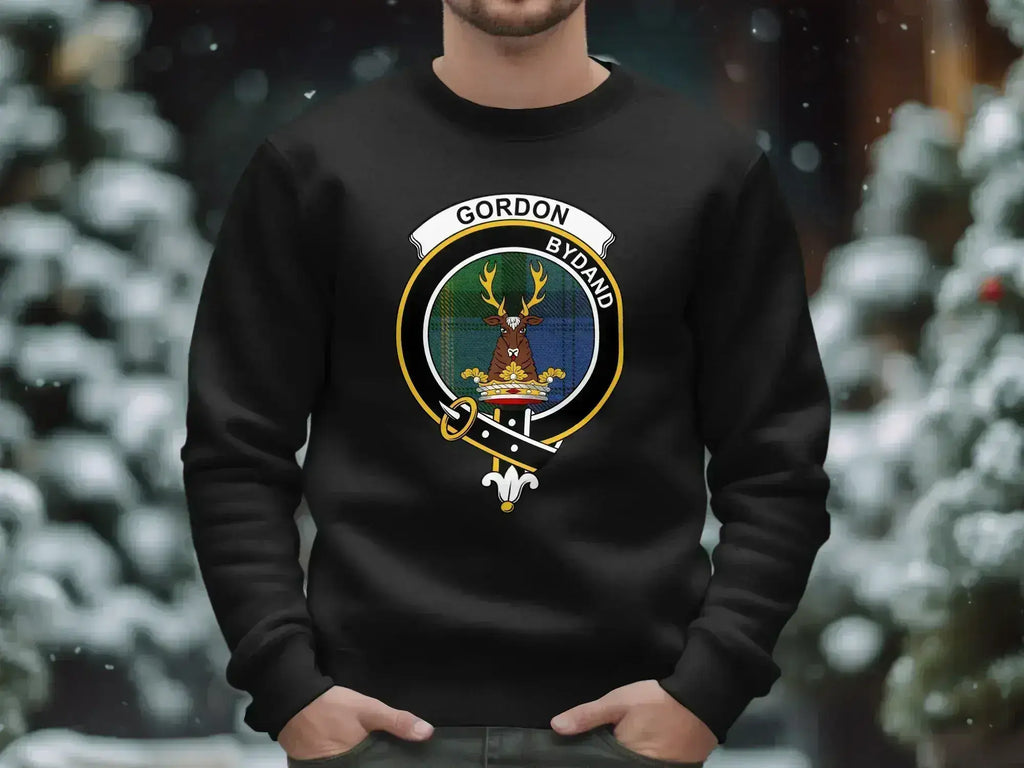 Gordon clan sweatshirt in black with bold Bydand crest print — Scottish pride apparel