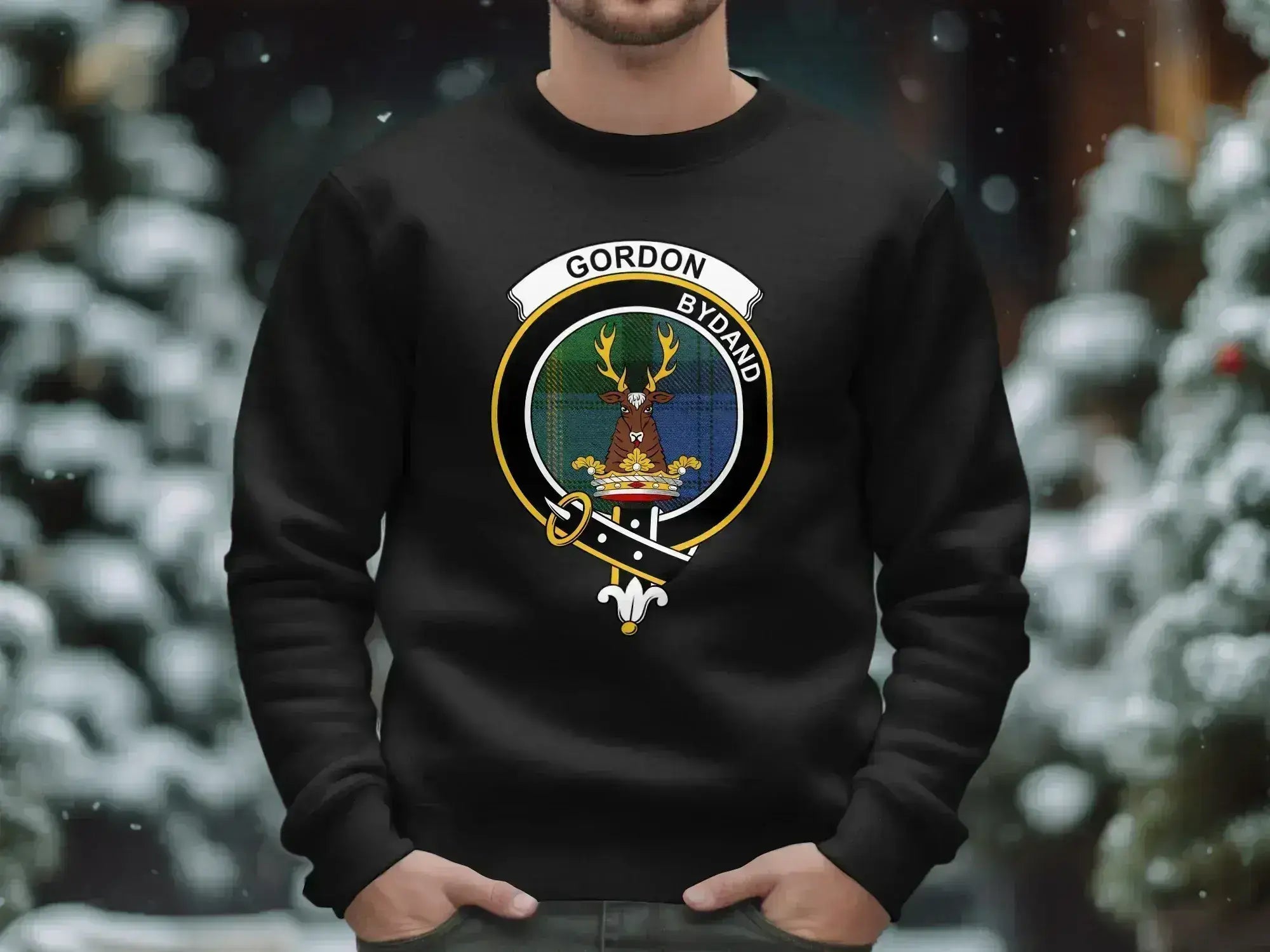 Gordon clan sweatshirt in black with bold Bydand crest print — Scottish pride apparel
