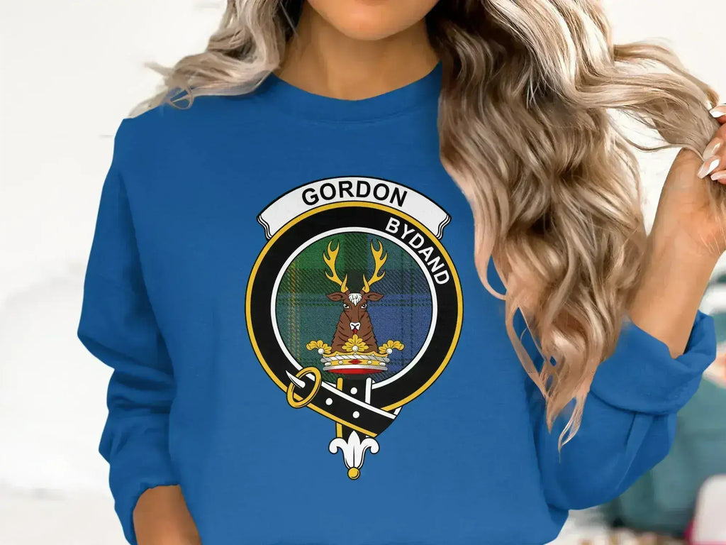 Clan Gordon heritage sweatshirt in royal blue — cosy fleece with printed Scottish crest