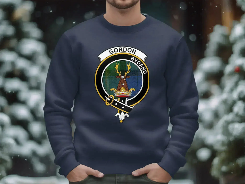 Gordon tartan crewneck sweatshirt showing stag crest emblem on chest — navy colourway