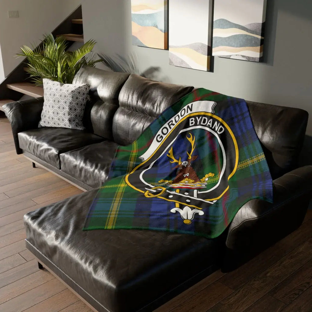 Clan Gordon tartan throw blanket with clan crest print — 50x60 inch Scottish heritage blanket
