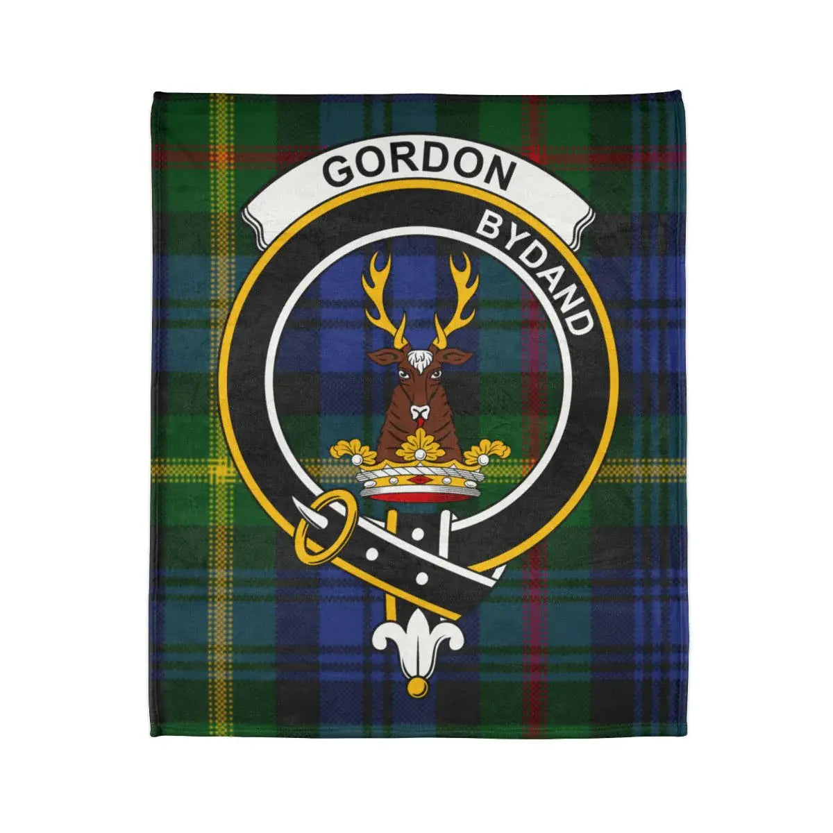 Gordon Bydand crest tartan blanket laid flat showing full Scottish heritage print detail