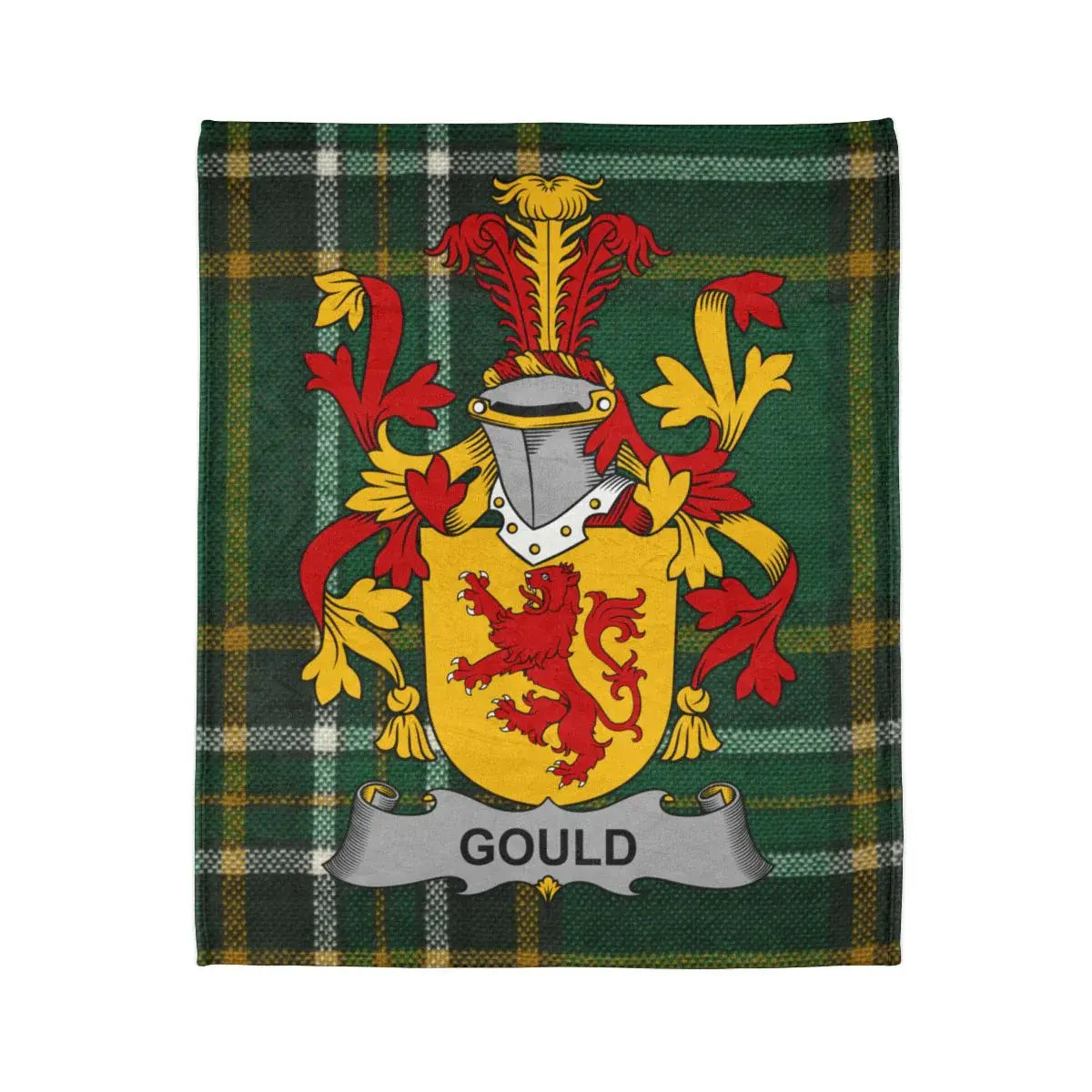 Gould Family Crest on Green Tartan Blanket