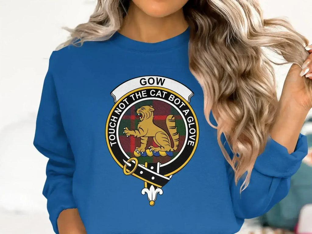 Gow clan crest sweatshirt with Touch Not The Cat Bot A Glove motto and tartan design
