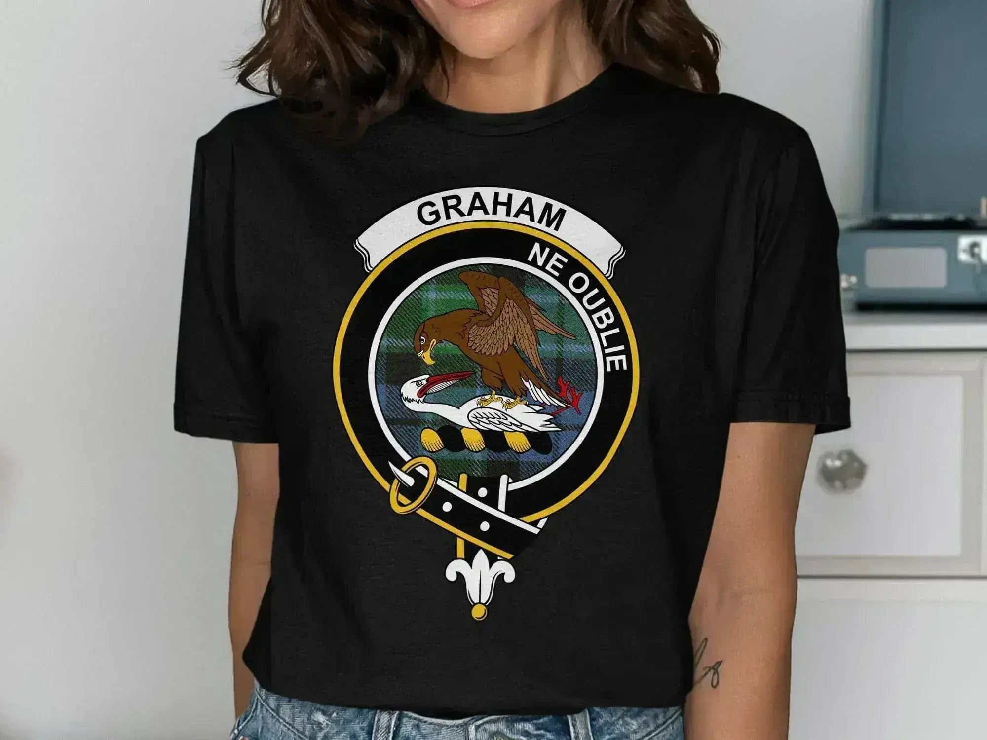Graham Ne Oublie graphic tee in forest green — clan crest front print, breathable cotton