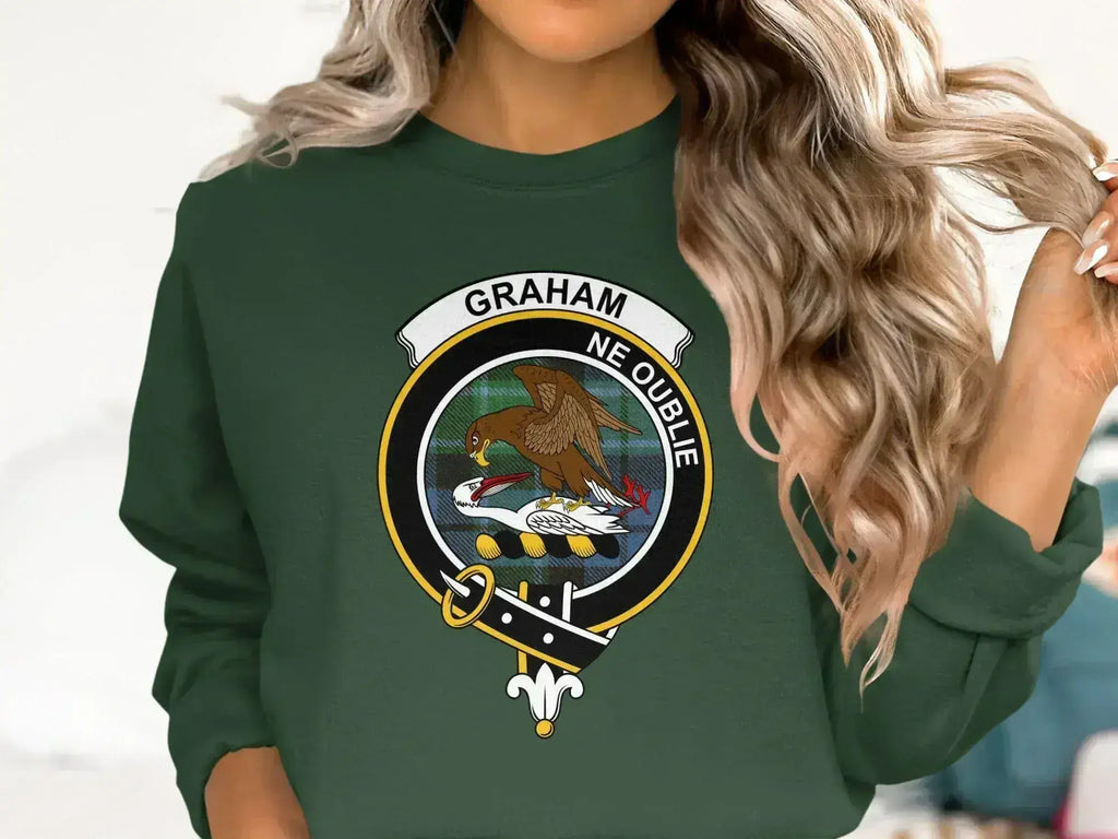 Graham clan tartan crewneck sweatshirt in forest green — falcon crest front, fleece interior