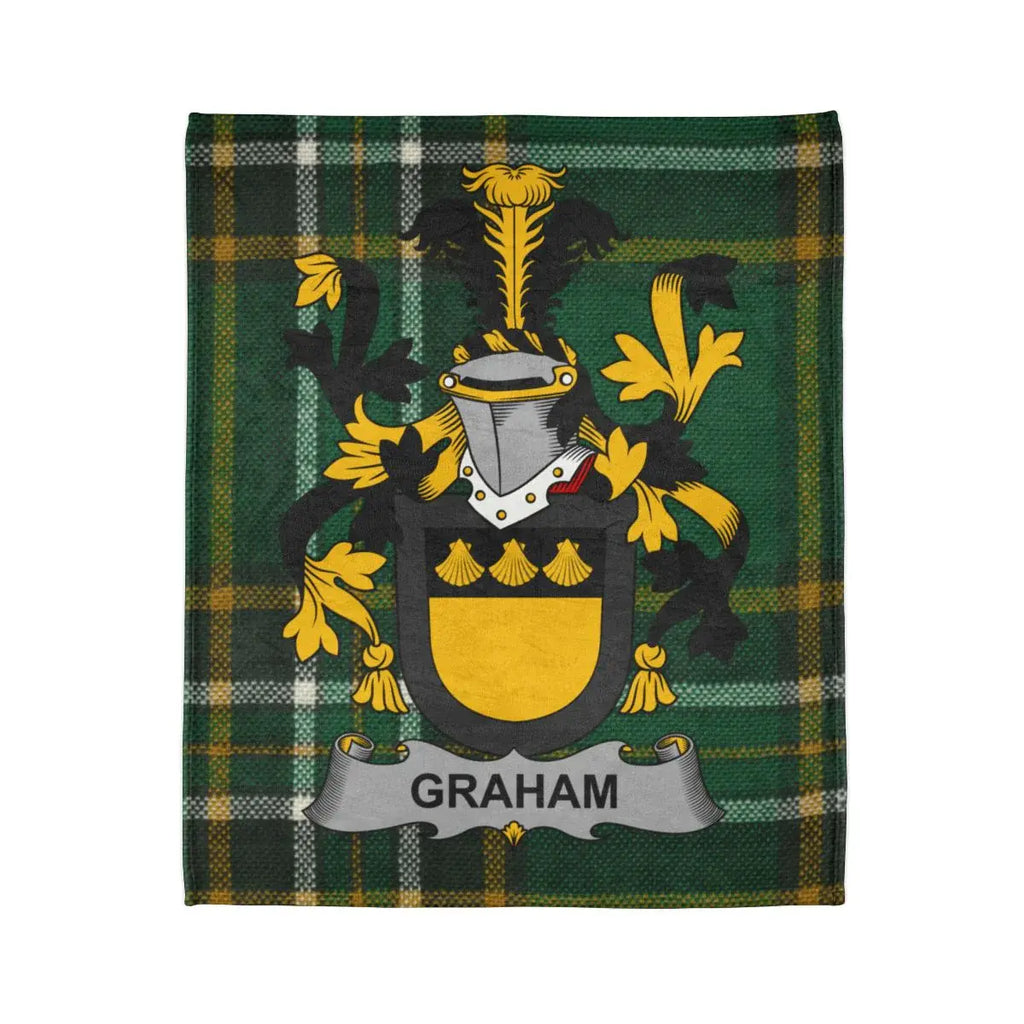 Graham coat of arms on Irish national tartan — 50x60 sofa throw, white reverse, fade-resistant