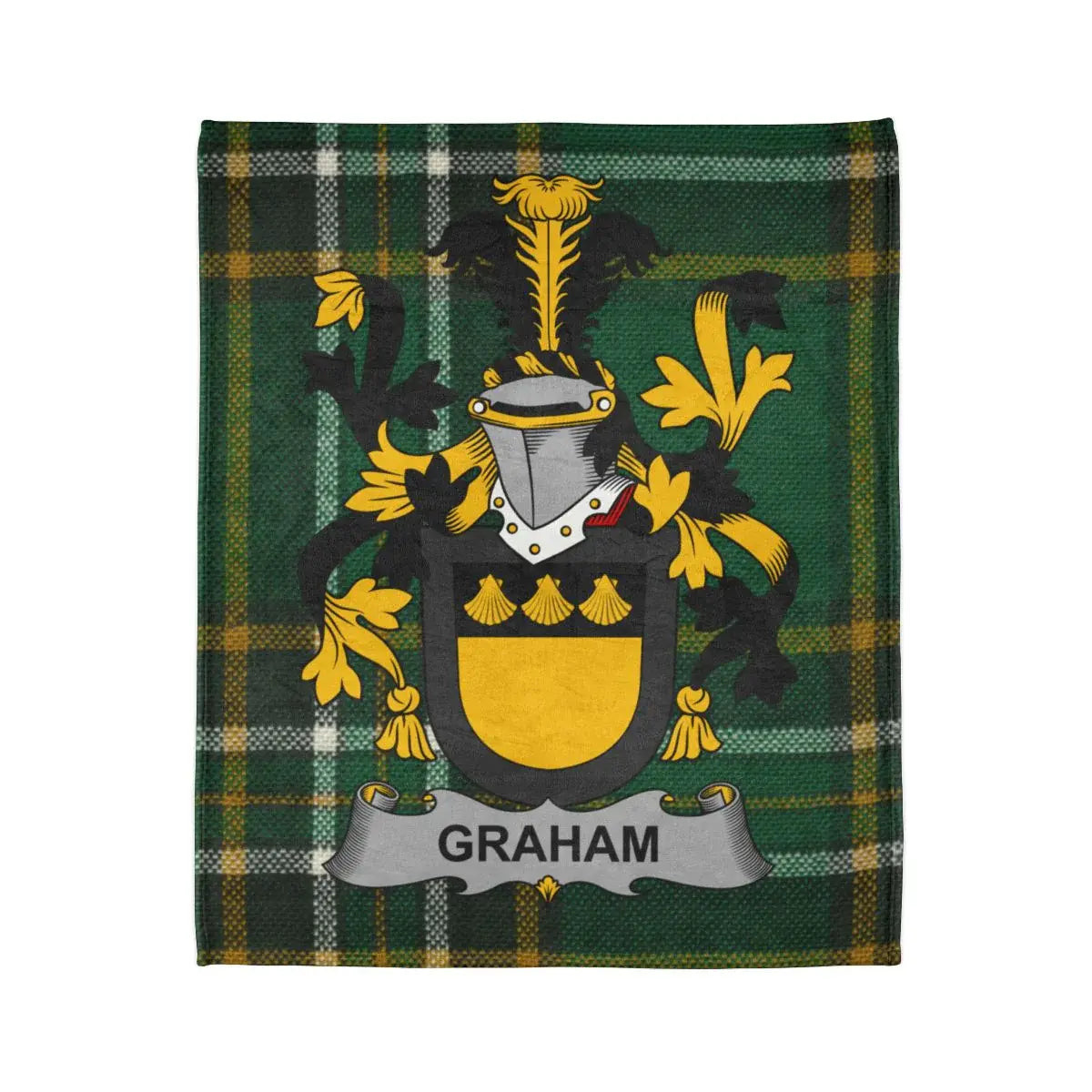 Graham coat of arms on Irish national tartan — 50x60 sofa throw, white reverse, fade-resistant