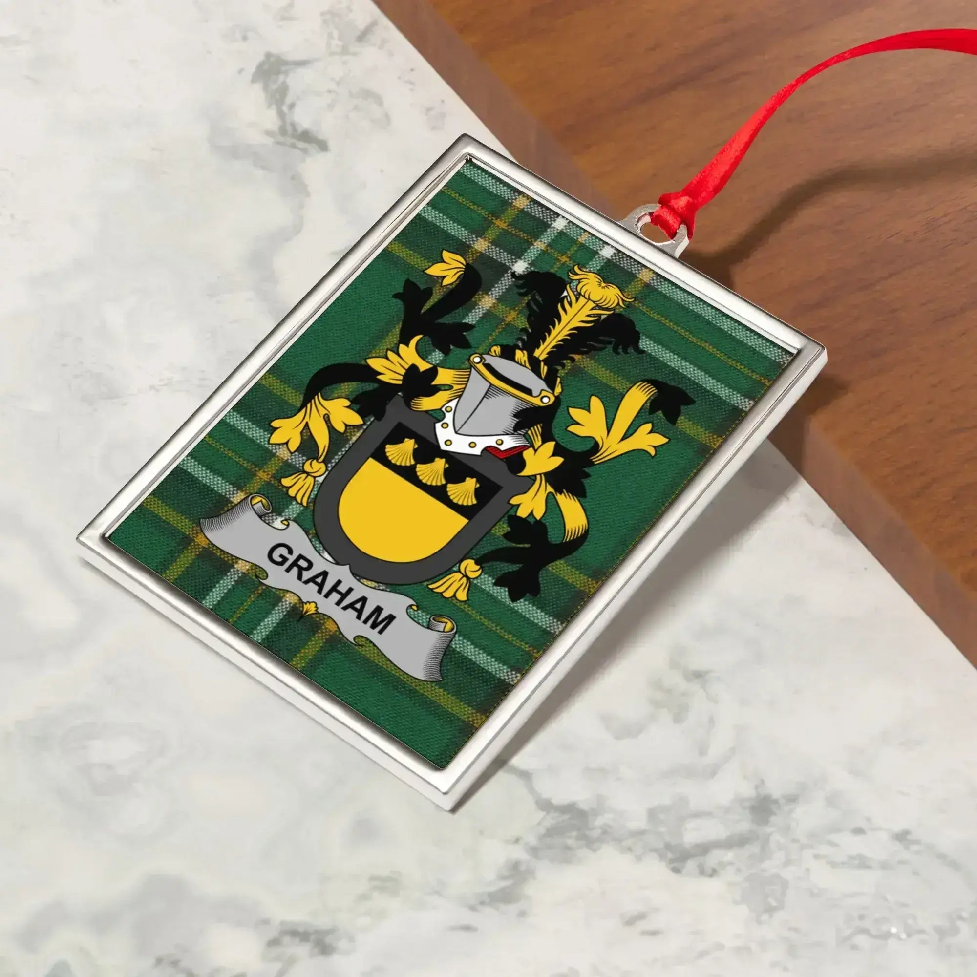 Graham Irish coat of arms metal ornament — green and gold tartan crest, one-sided print