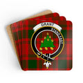 Grant clan crest tartan coaster set of 4 — natural cork squares with sealed Stand Fast design