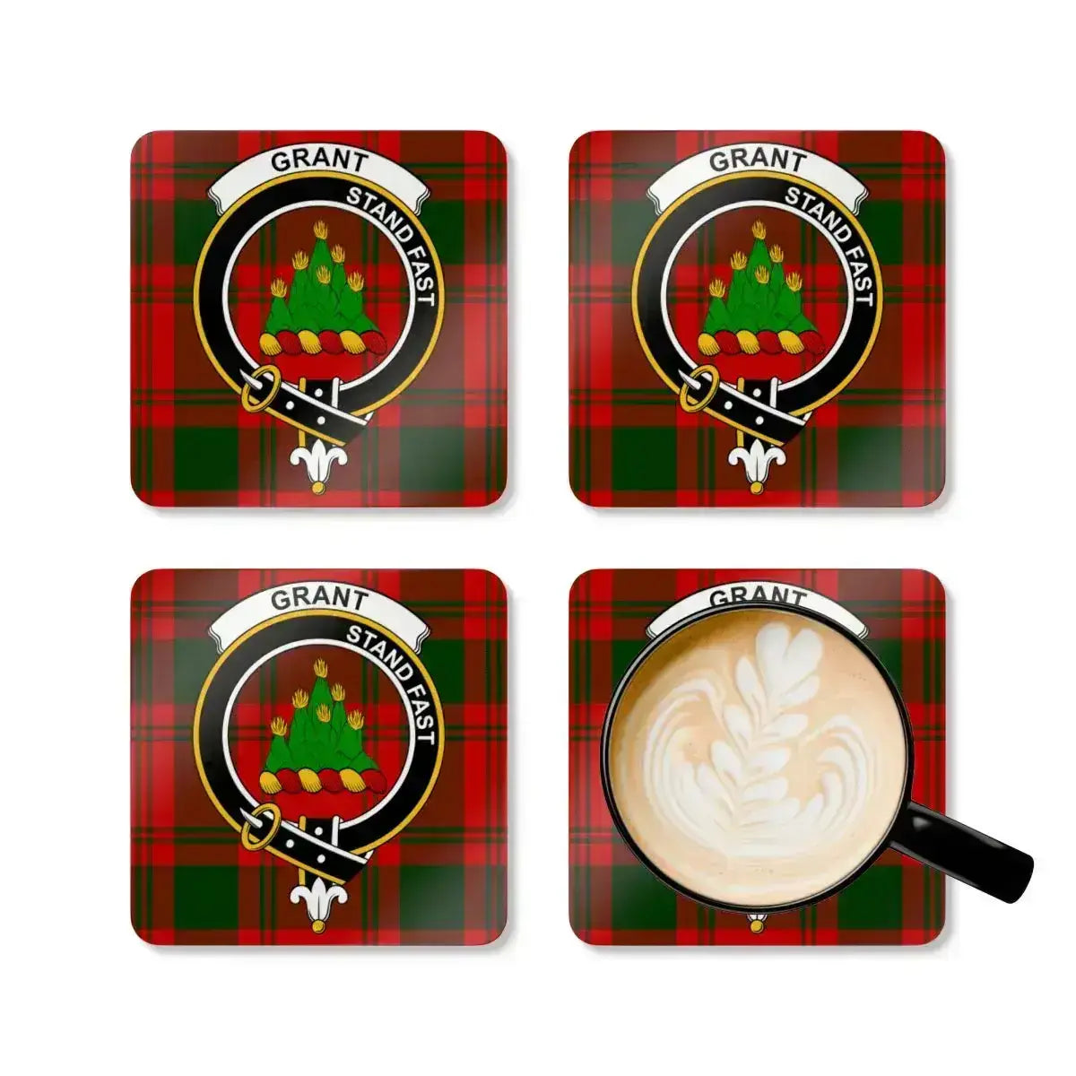 Grant Stand Fast tartan coaster set — four cork coasters with clan heraldic design