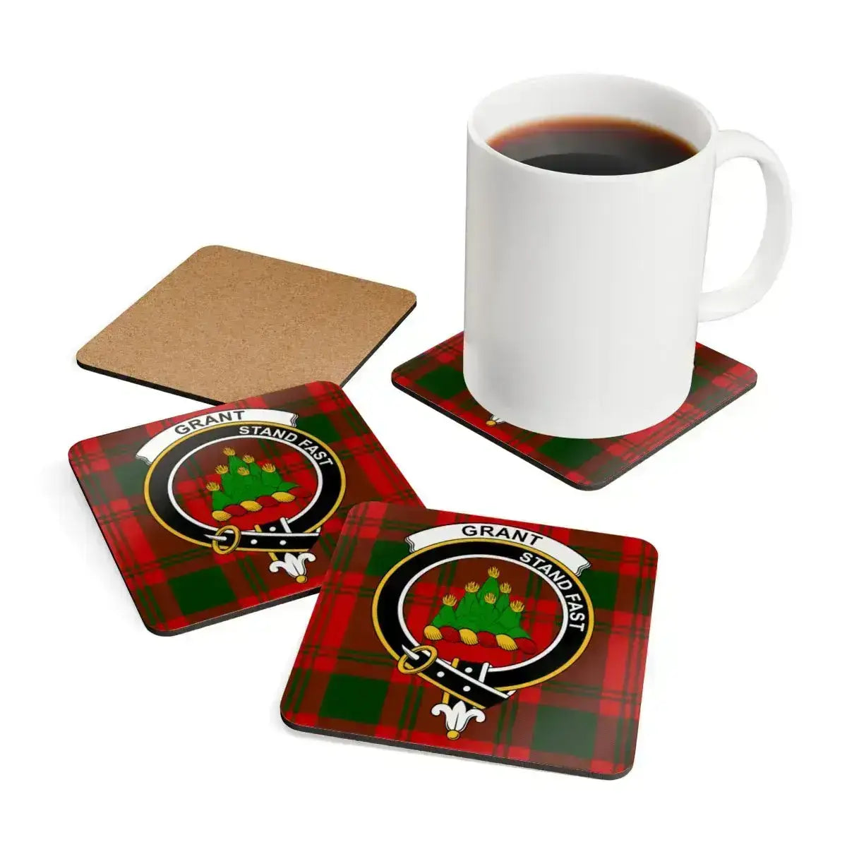 Grant Stand Fast plaid design drink coaster — 3.75-inch corkwood with glossy sealed print