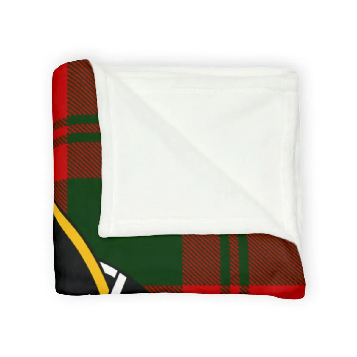 Grant clan crest throw blanket laid flat — 100% polyester, 50x60, red-green tartan pattern
