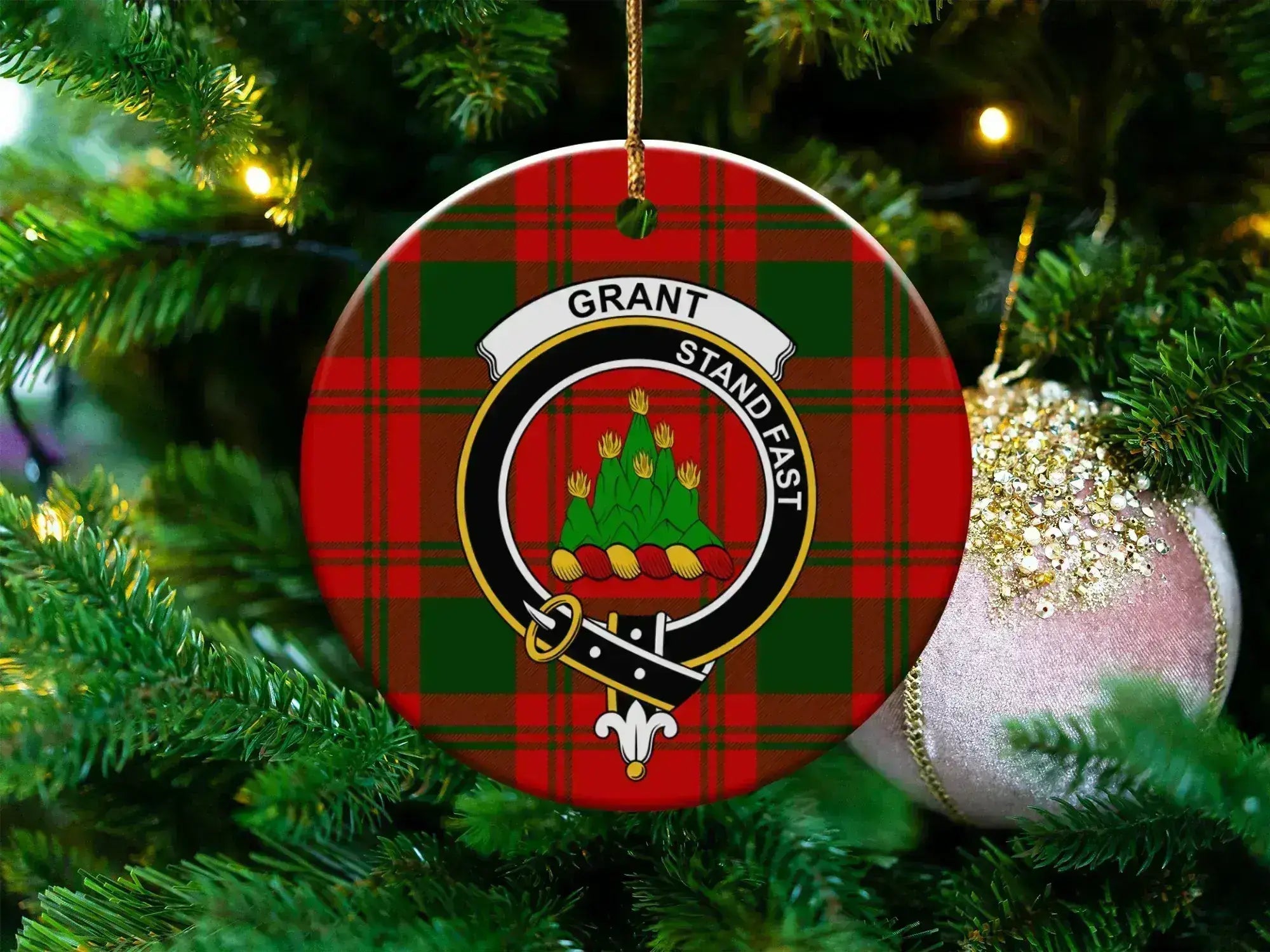 Grant clan tartan ceramic ornament — 3-inch round glossy disc with crest and Stand Fast motto