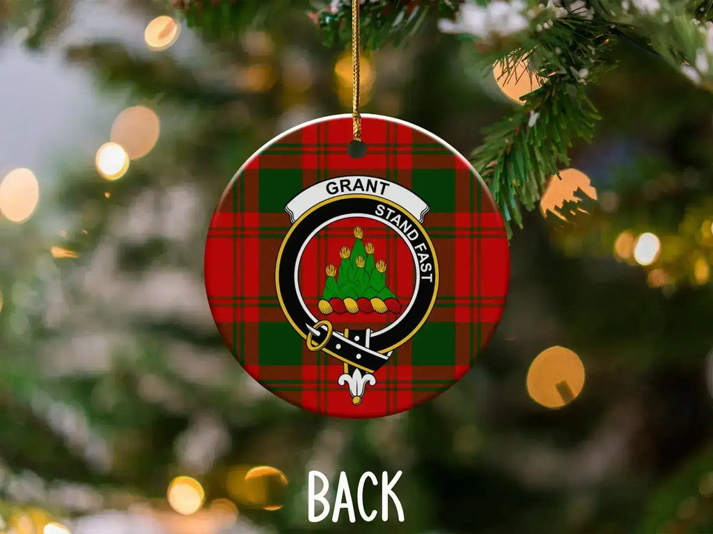 Grant Stand Fast tartan clan crest ornament — 3-inch ceramic disc, gold hanging string