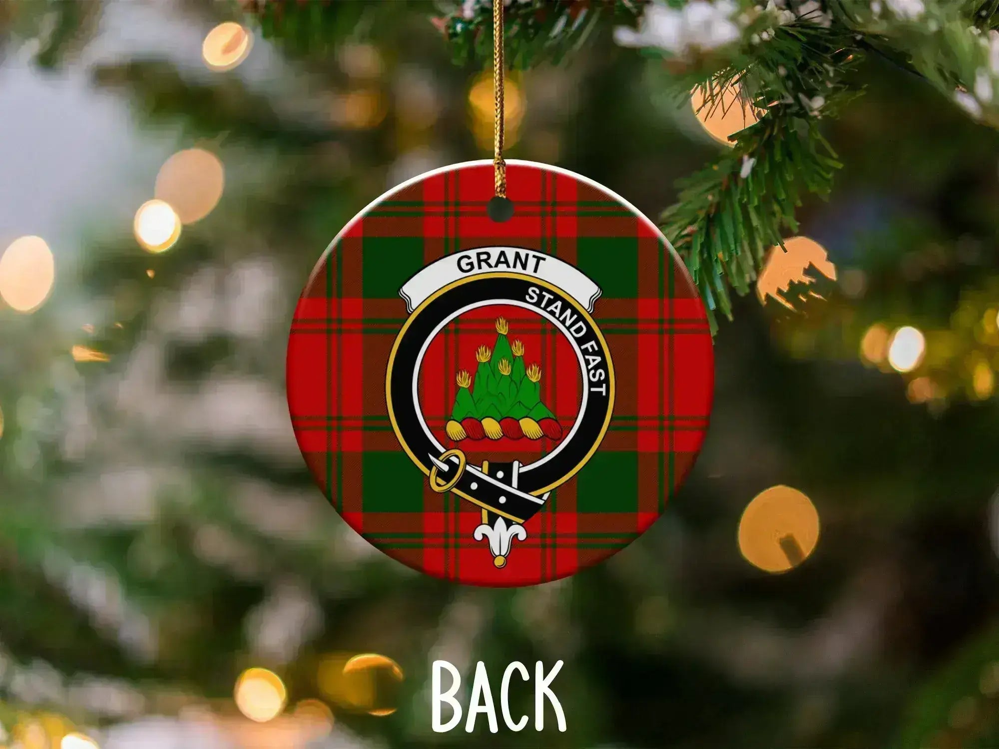 Grant Stand Fast tartan clan crest ornament — 3-inch ceramic disc, gold hanging string