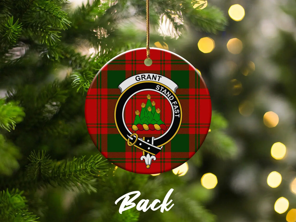 Grant clan crest tartan Christmas ornament — double-sided glazed ceramic, 3-inch disc