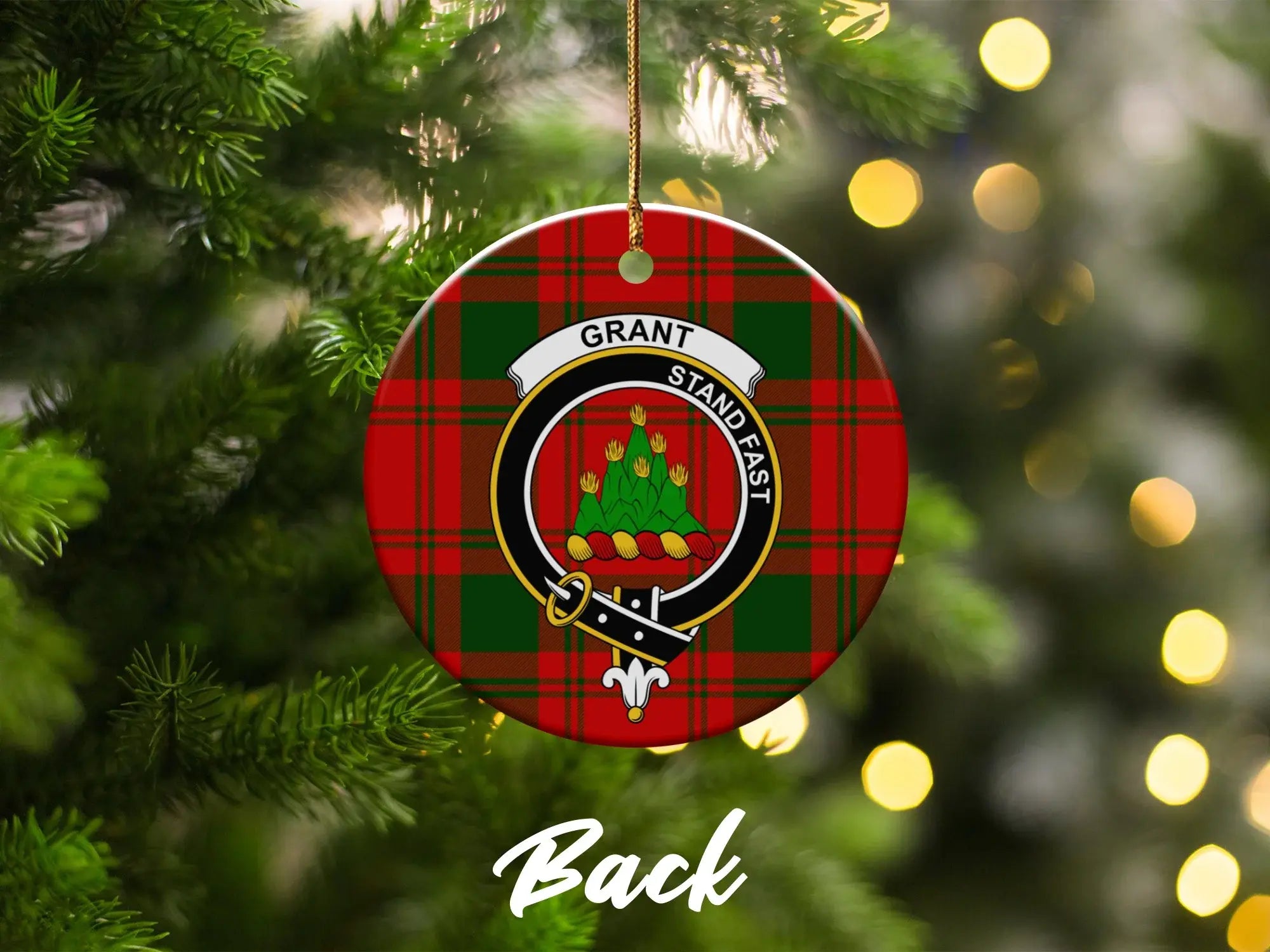 Grant clan crest tartan Christmas ornament — double-sided glazed ceramic, 3-inch disc