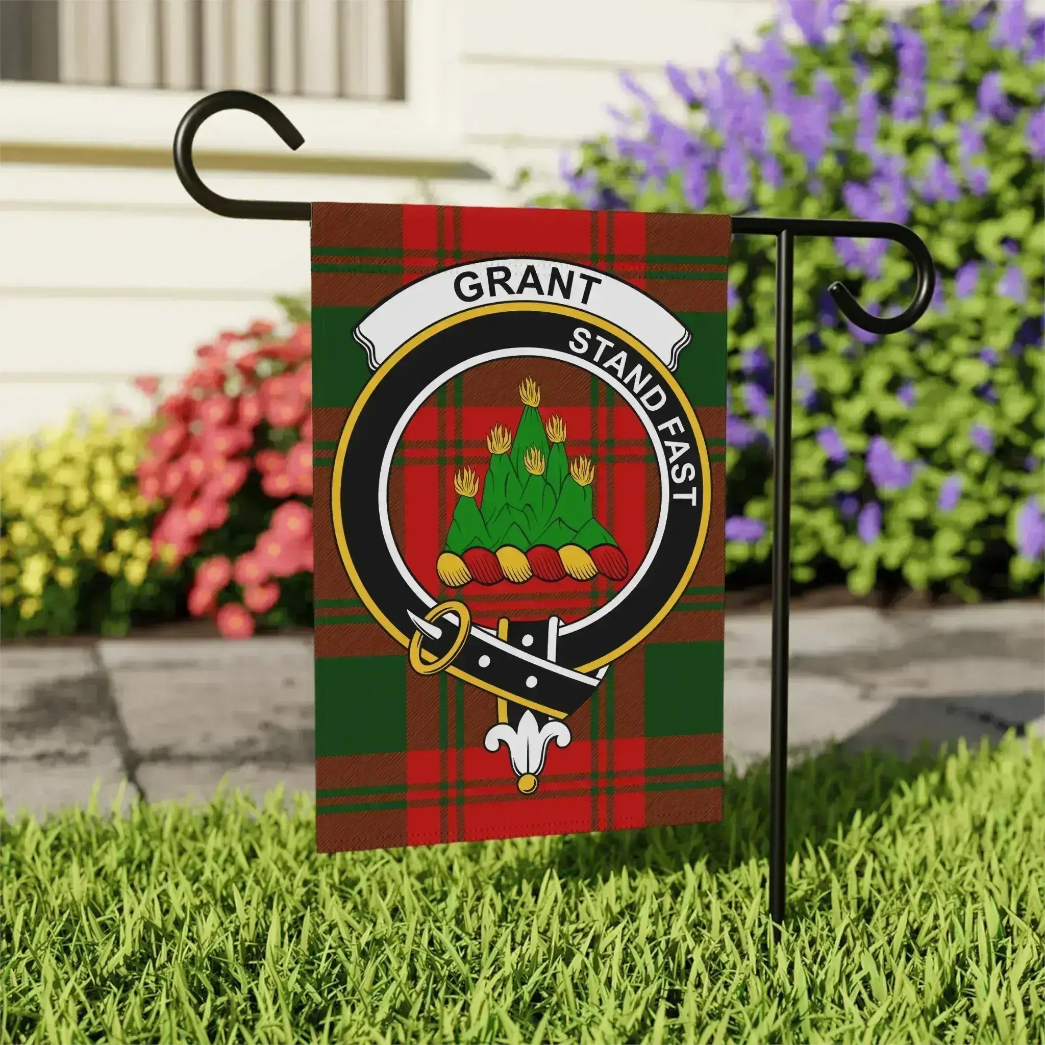Grant Stand Fast tartan clan badge garden flag 24x32 inches — larger outdoor size with clan crest