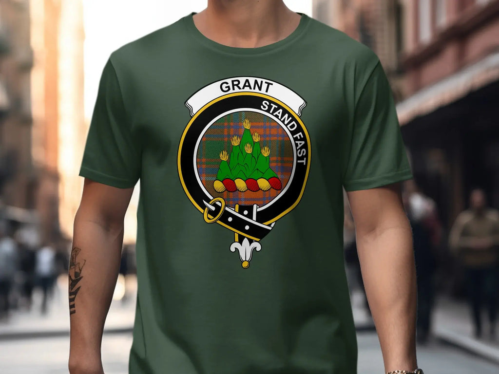 Grant clan crest t-shirt in black — Stand Fast tartan heraldic design on cotton