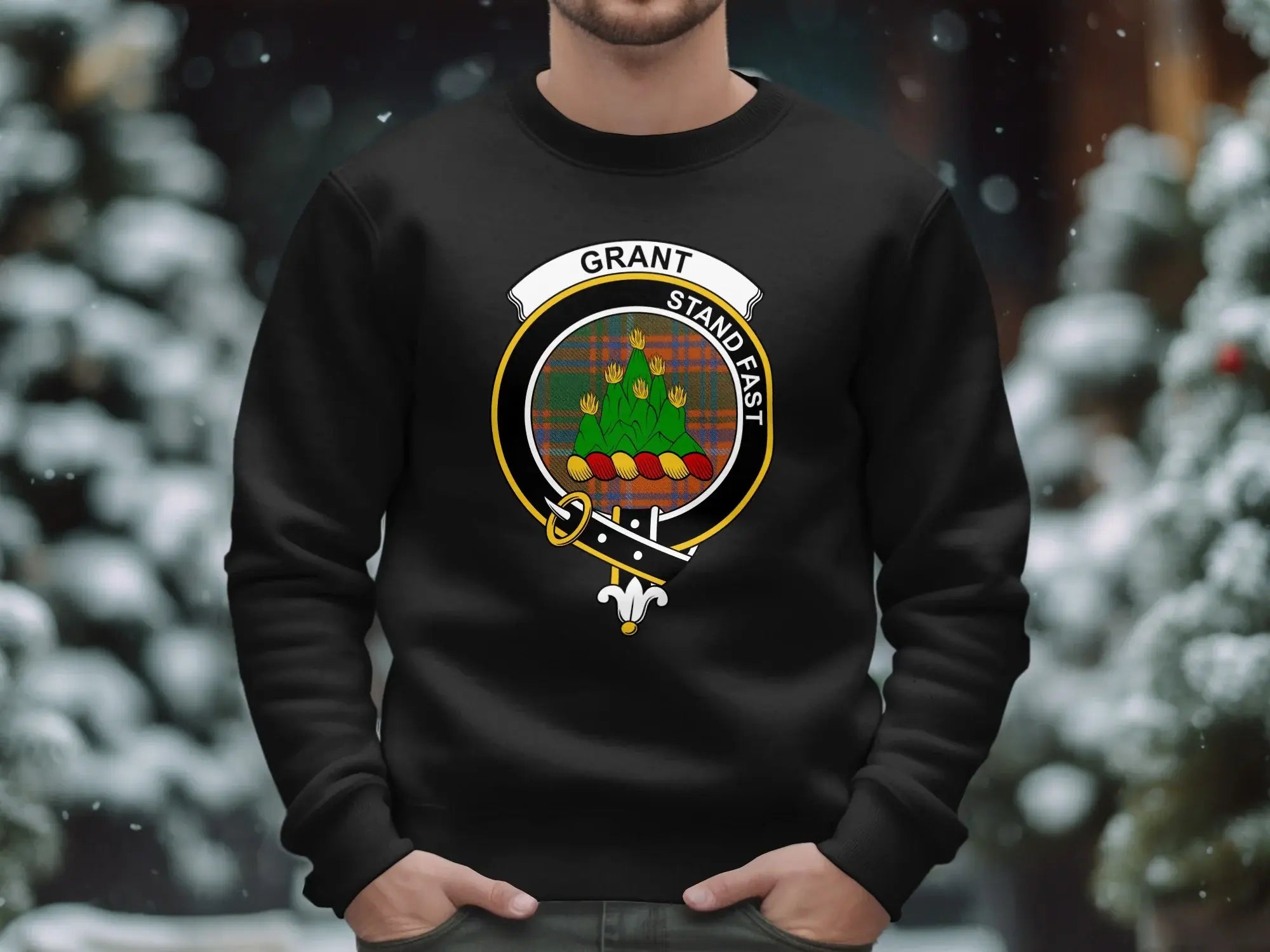 Grant clan crest sweatshirt in black — Stand Fast emblem design on fleece