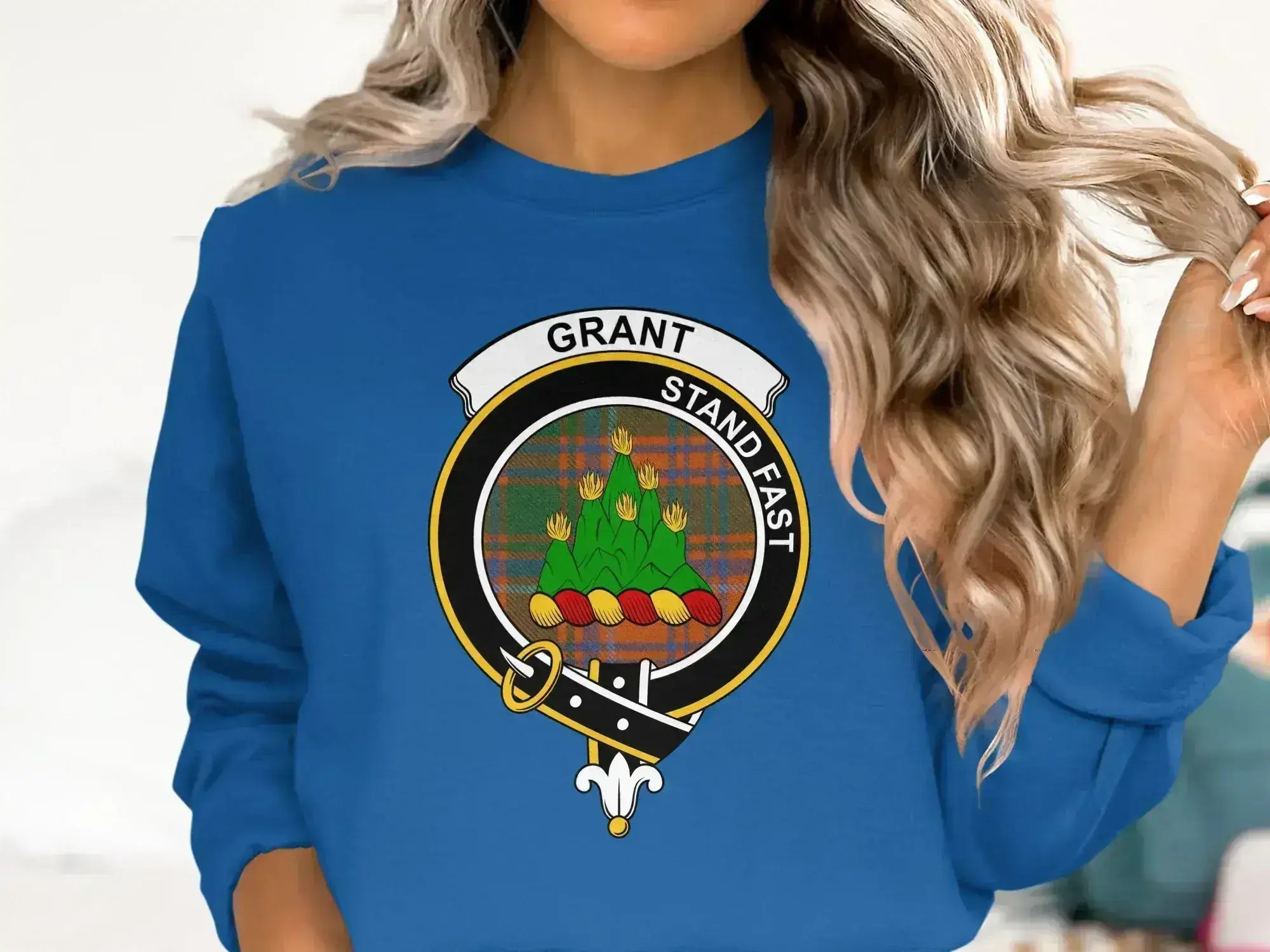 Grant Stand Fast emblem design sweatshirt — clan crest on fleece fabric