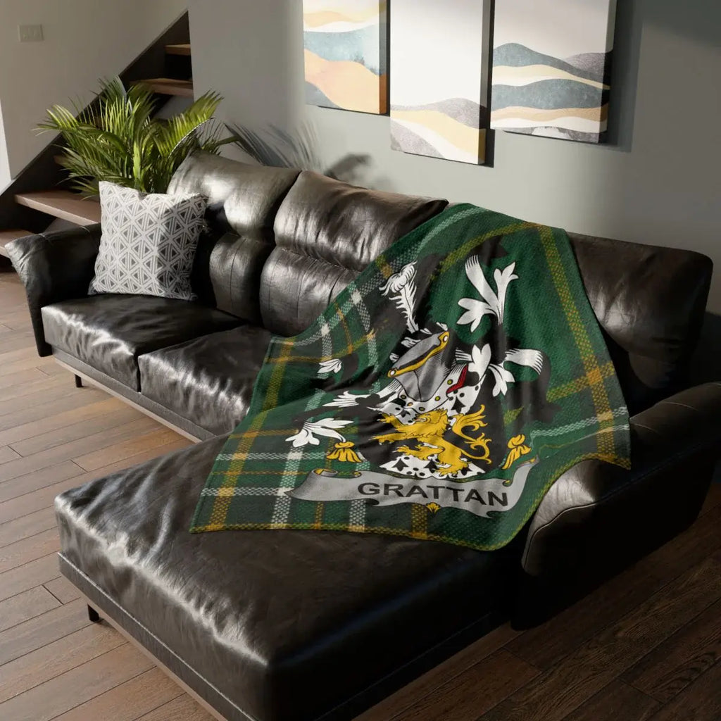 Grattan Family Crest Blanket with Green Plaid Design
