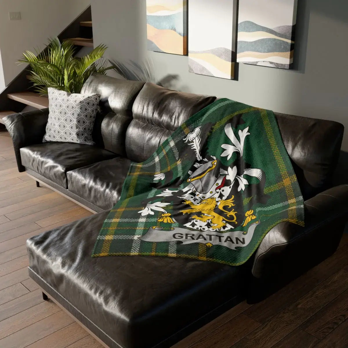 Grattan Family Crest Blanket with Green Plaid Design
