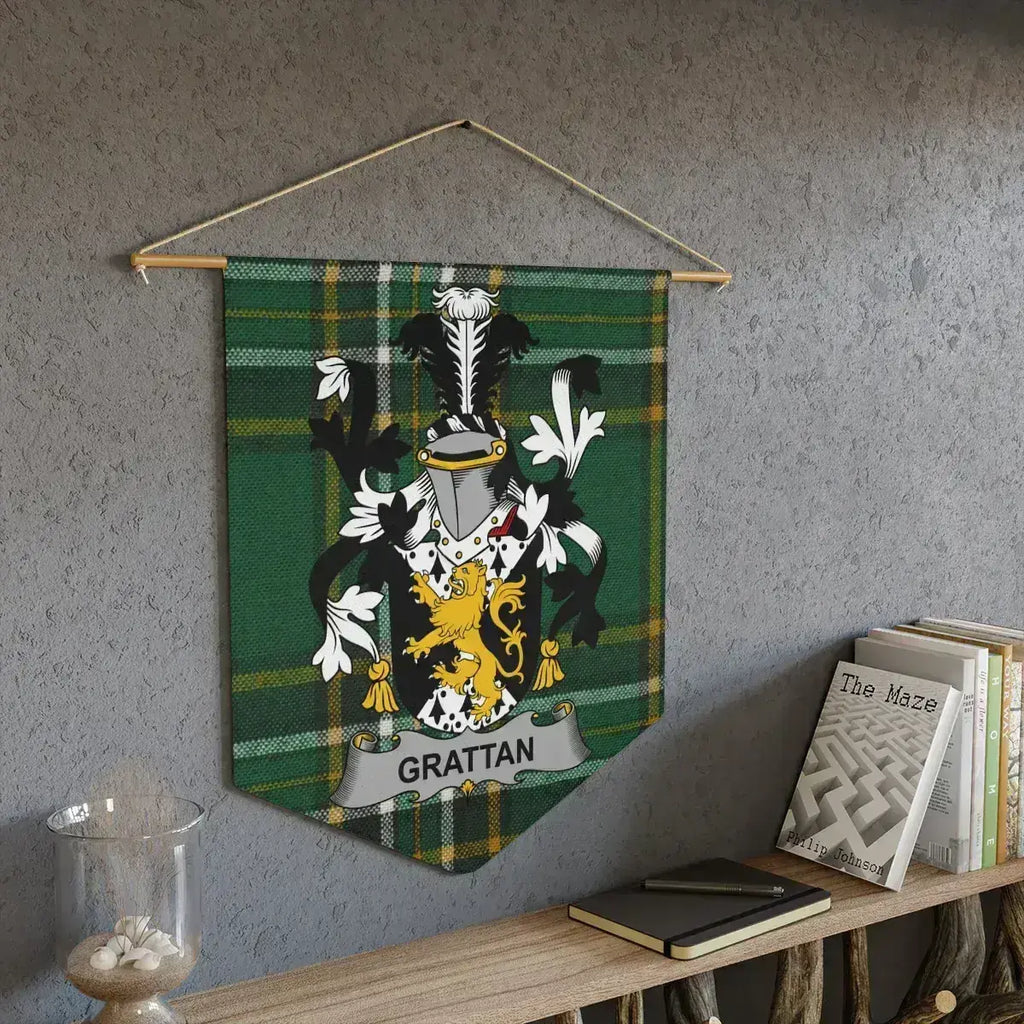 Grattan Irish family crest wall pennant — crest on the Irish national tartan