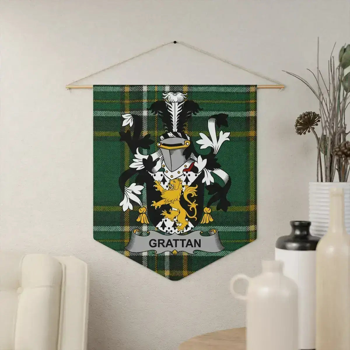 Grattan Irish family crest wall pennant — tartan wall hanging display