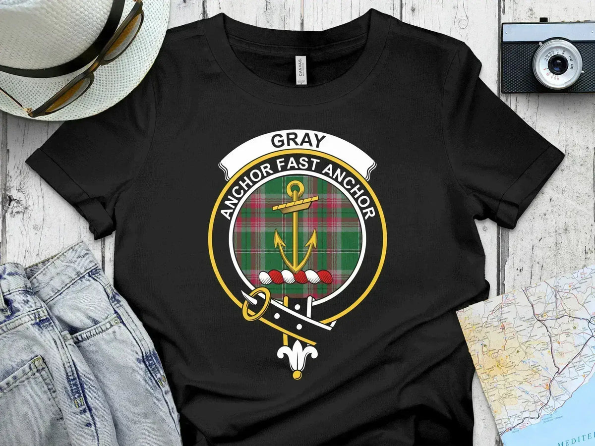 Gray clan crest tartan t-shirt in black — Anchor Fast Anchor heraldic design on 100% cotton