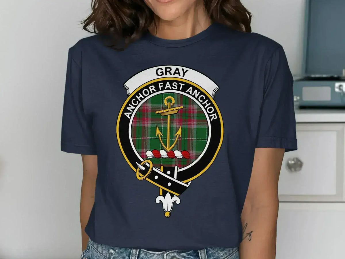 Gray Anchor Fast Anchor graphic t-shirt in navy — clan crest on chest, unisex cotton fit