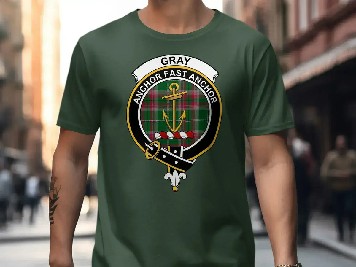 Gray clan crest emblem t-shirt — anchor heraldic design and Anchor Fast Anchor on cotton